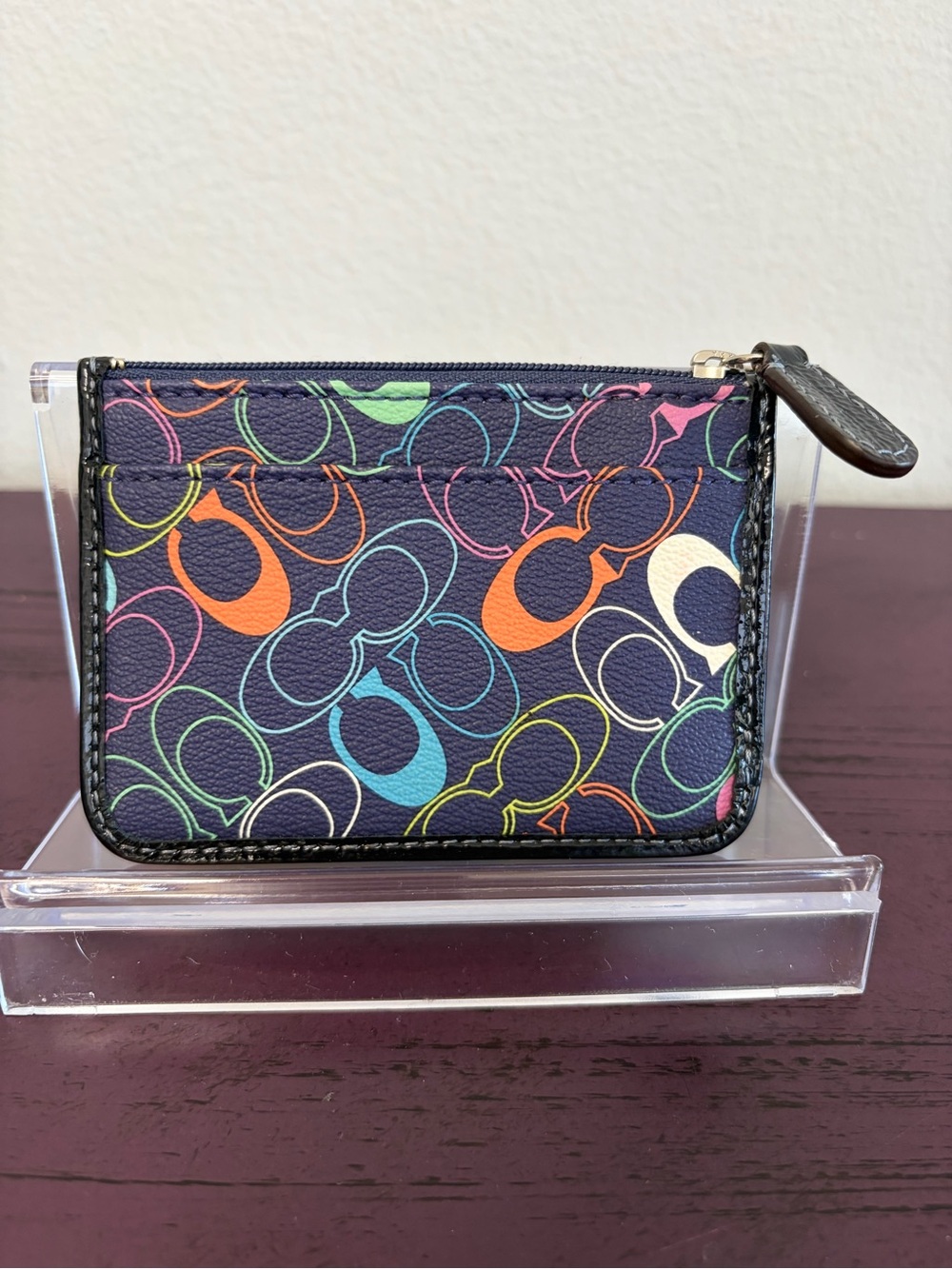 COACH Navy Multicolor Signature Card Case with Zipper